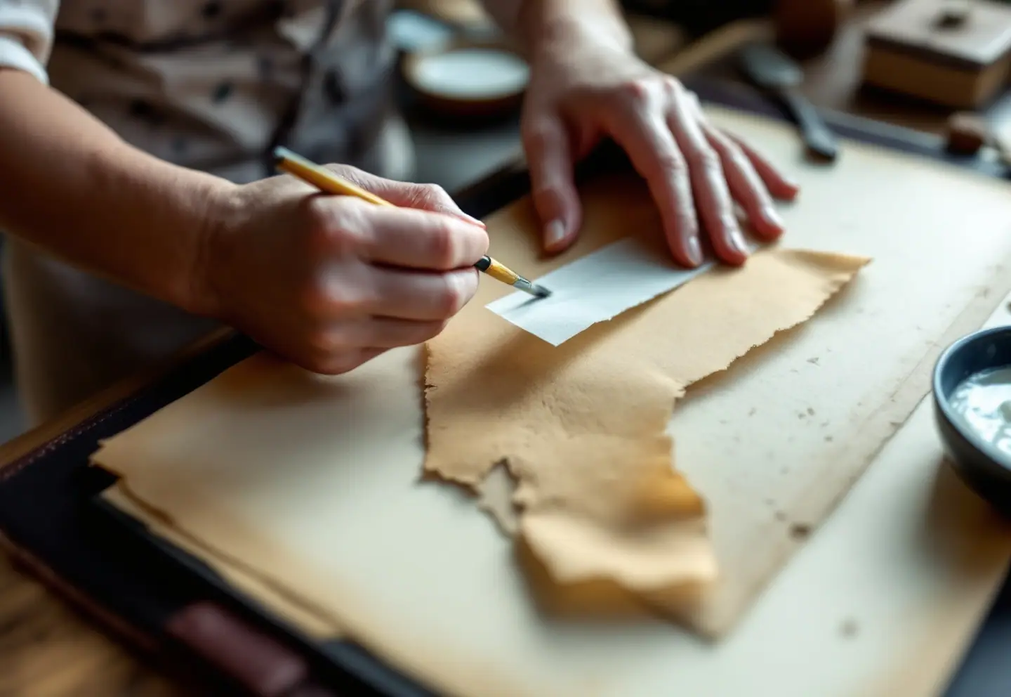 Conservator's hands mending a torn ledger leaf with Japanese tissue on a light-colored bench