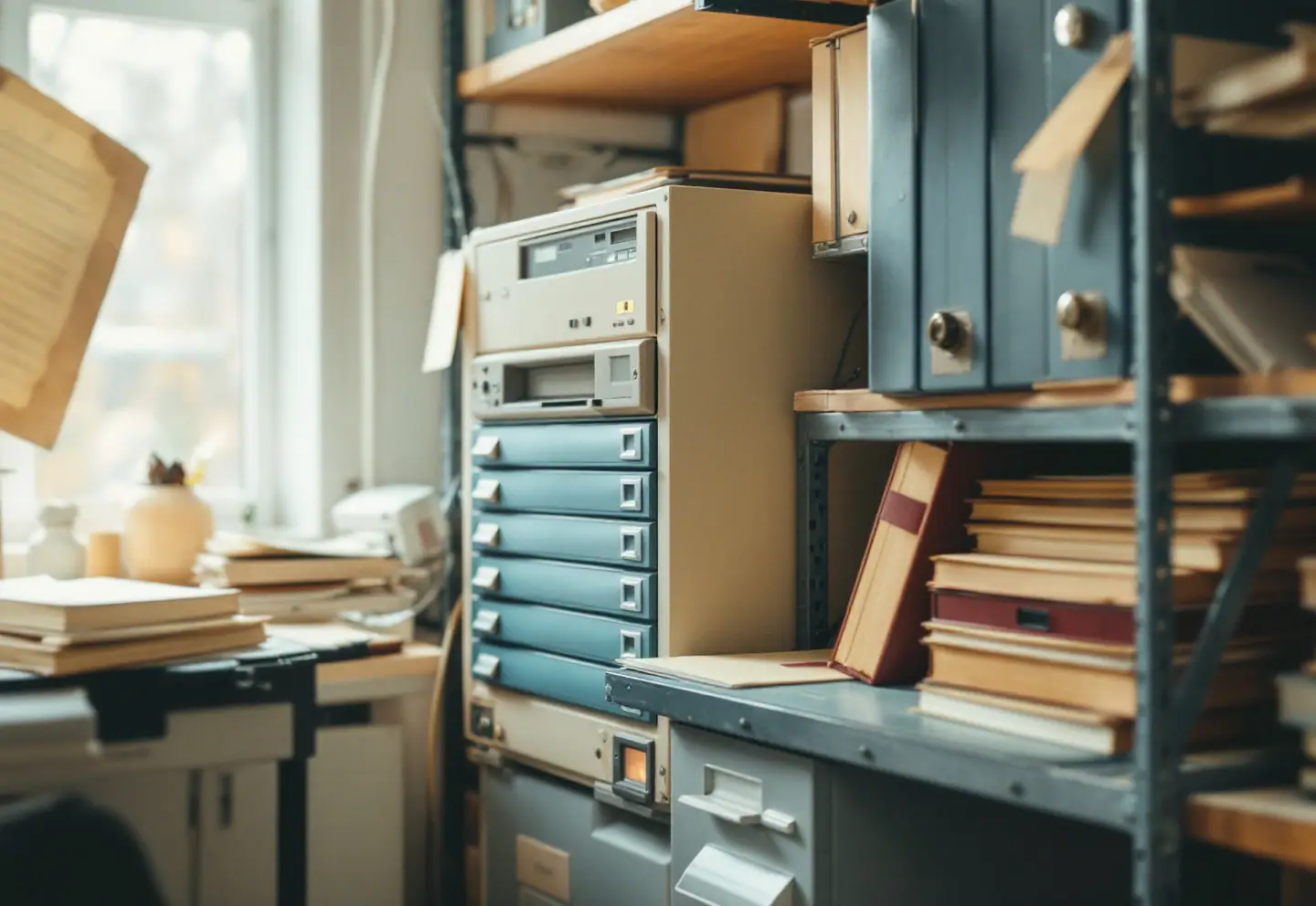 An aging server tower and a stack of optical disc cartridges on a shelf in a records office back room