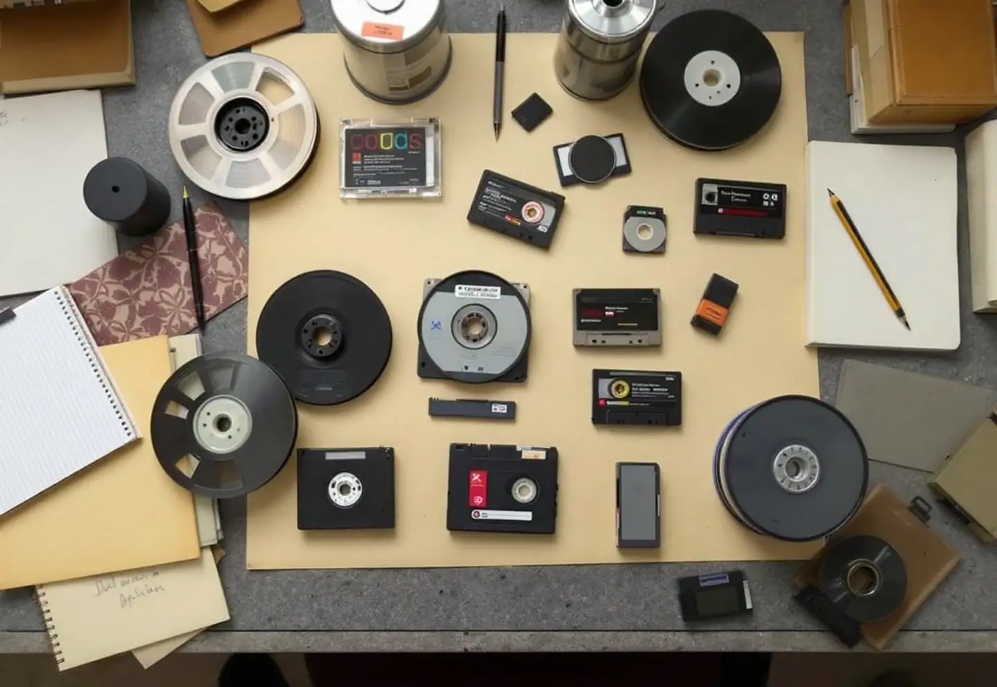 Assorted old data tapes, optical cartridges and removable disks laid out on a table for identification