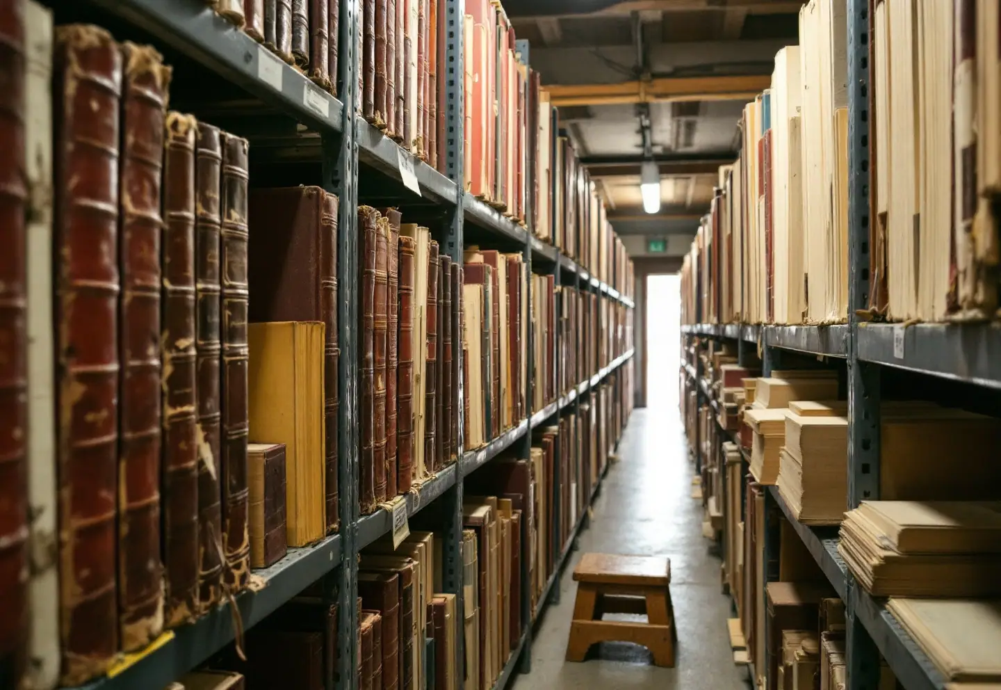 Worn leather-bound record books on gray steel shelves in a small town vault