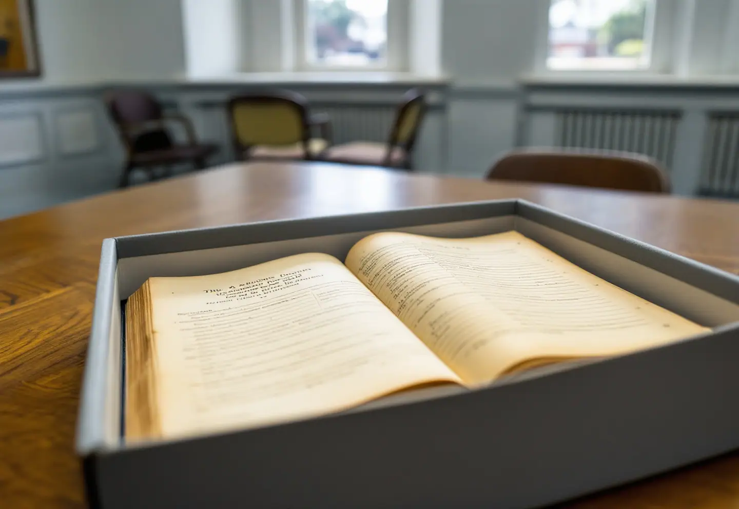 A worn leather-bound record volume with a split spine resting in an open box on a meeting-room table